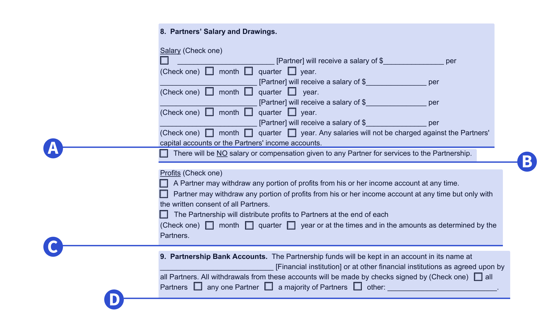 Where to detail partners’ salary and drawings and partnership bank account information in our 50-50 template.