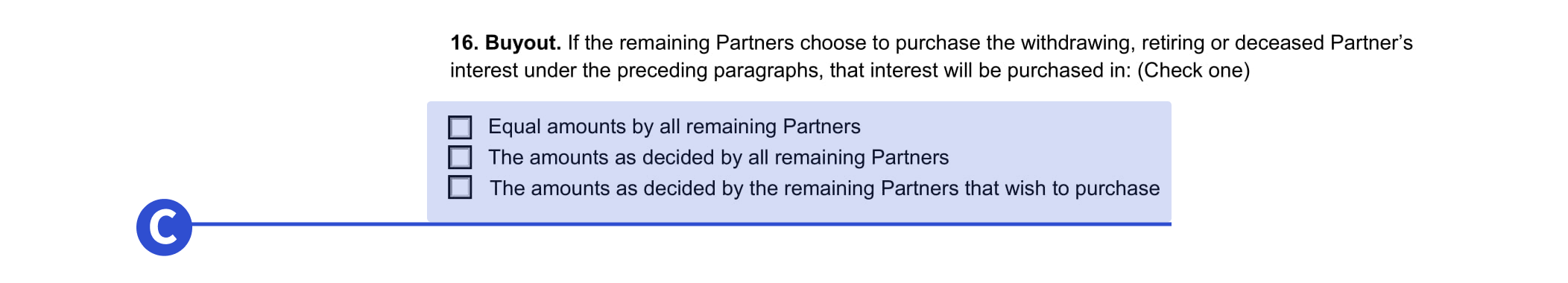 An example of where to detail buyout information in our 50-50 partnership agreement template.
