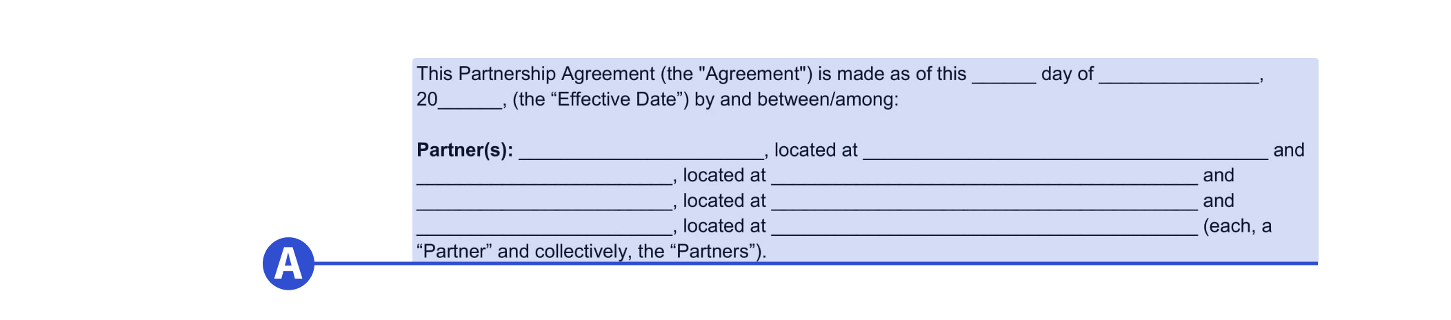 An example of where to include partner details in our 50-50 partnership agreement template