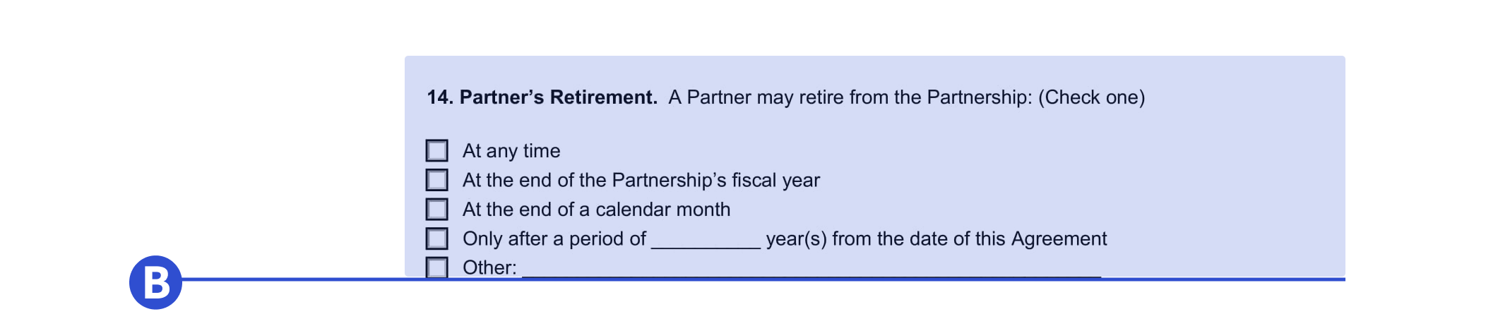 An example of where to include retirement information in our 50-50 partnership template.