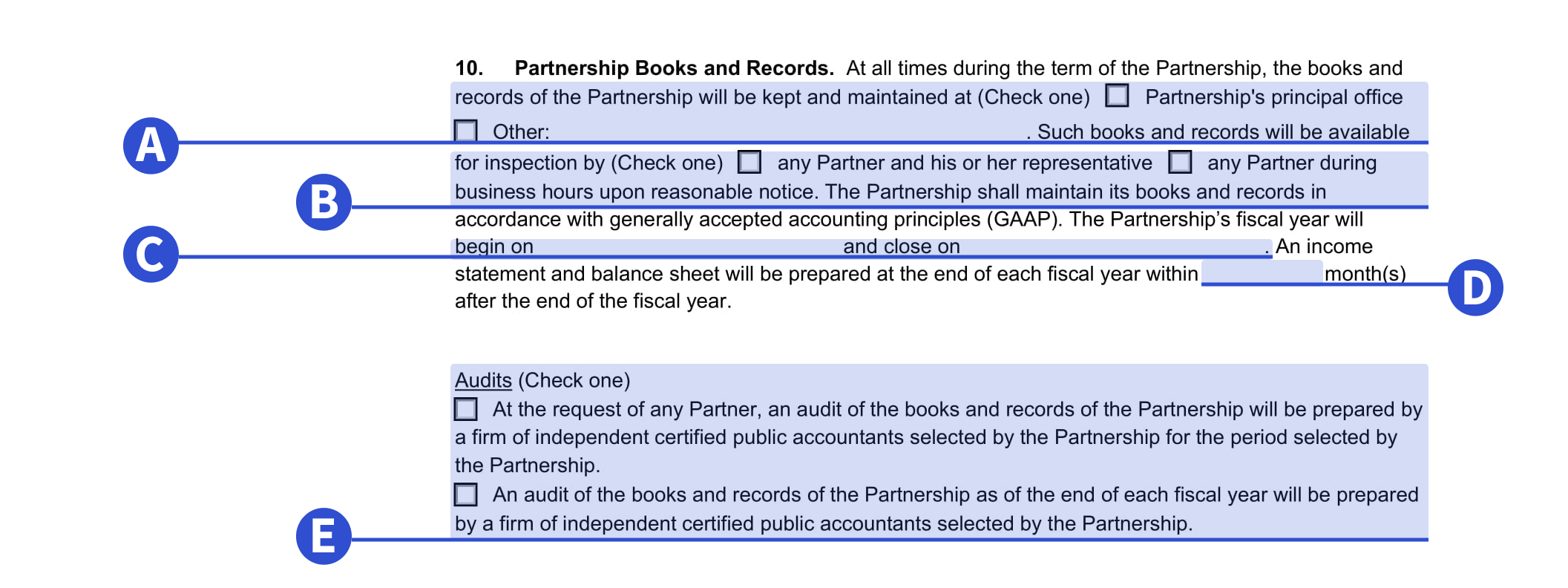 Where to detail partnership books and records in our partnership agreement template.
