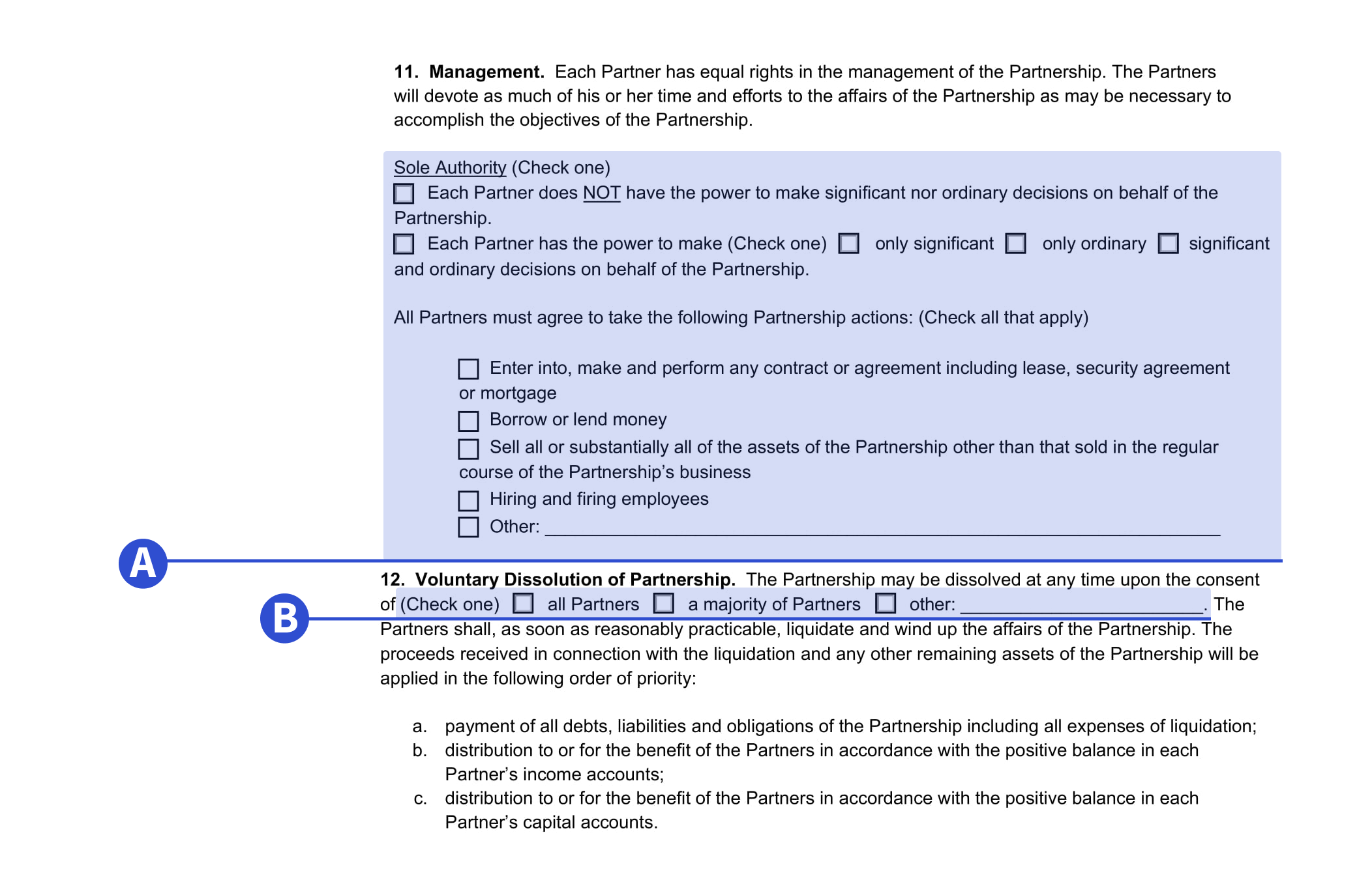 An example of where to include management and voluntary dissolution of partnership details in our 50-50 template.