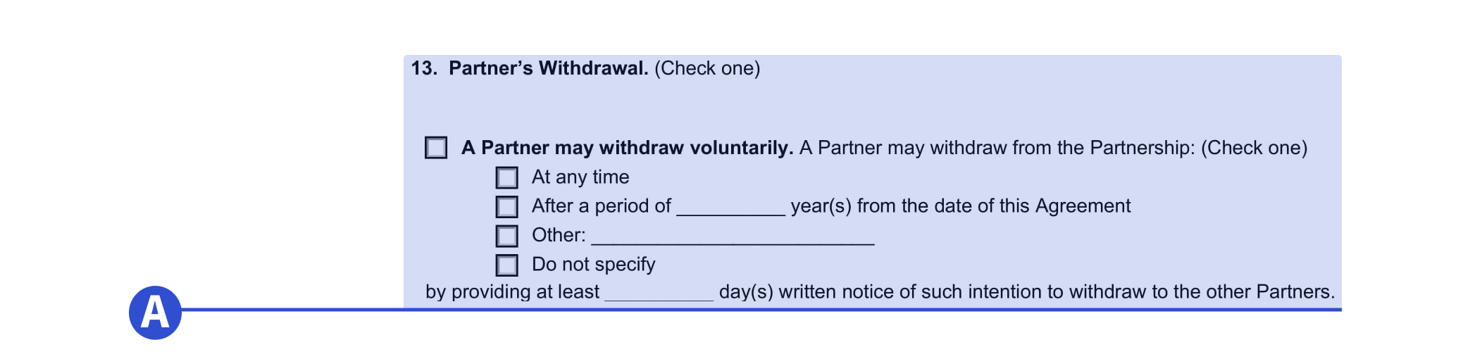 An example of where to include information about a partner's withdrawal in our partnership agreement template.