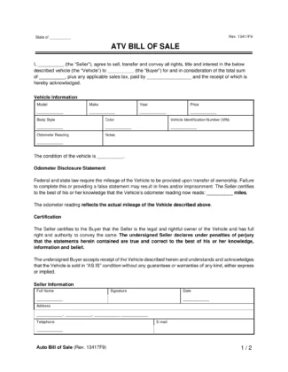 ATV Bill of Sale form