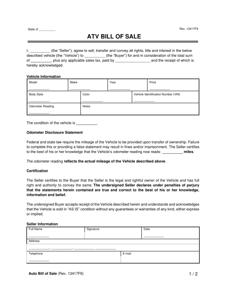 Free All-terrain Vehicle (atv) Bill Of Sale Form