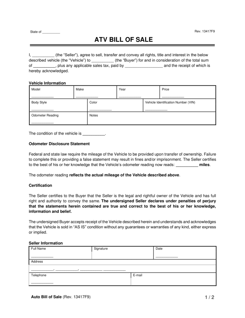 ATV Bill of Sale template