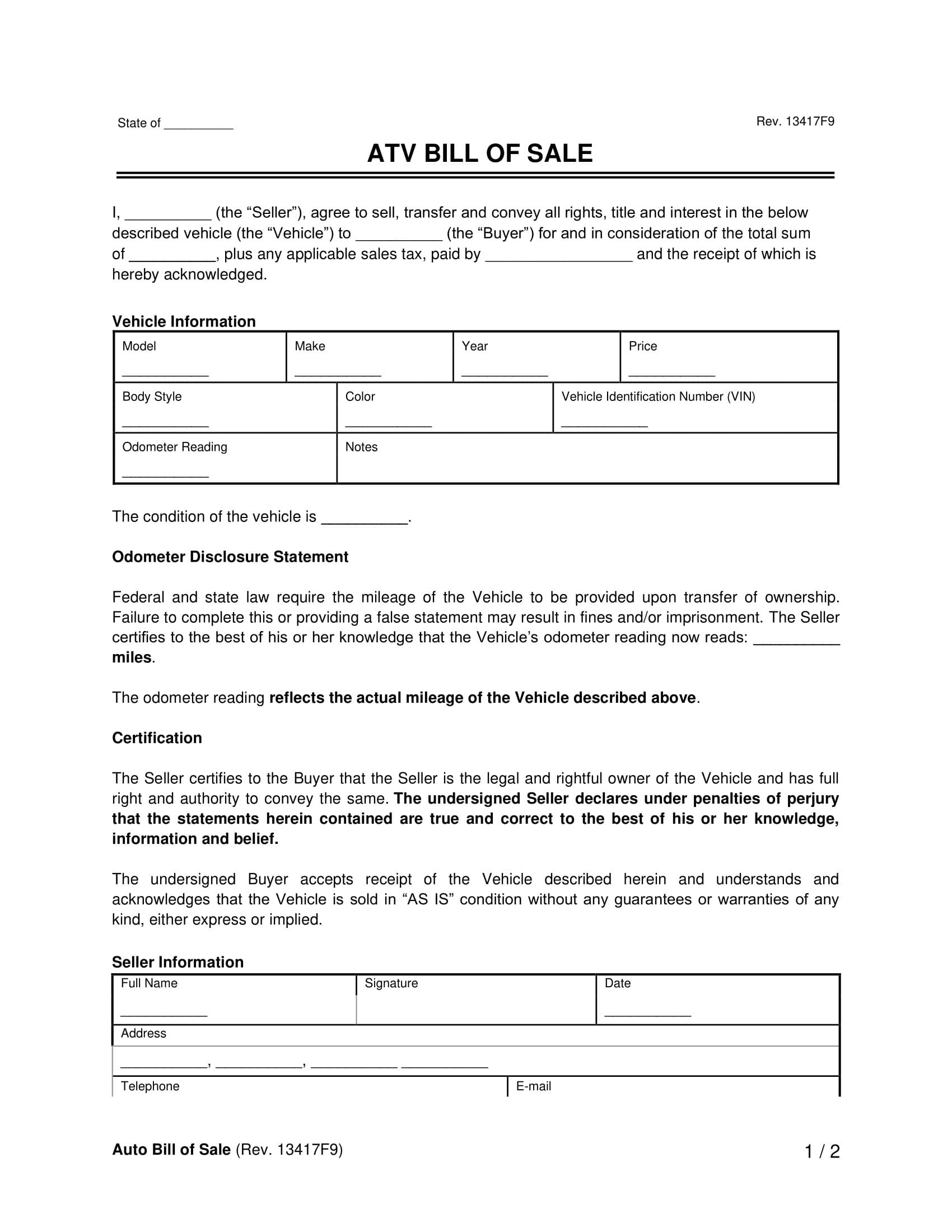 ATV Bill of Sale Sample