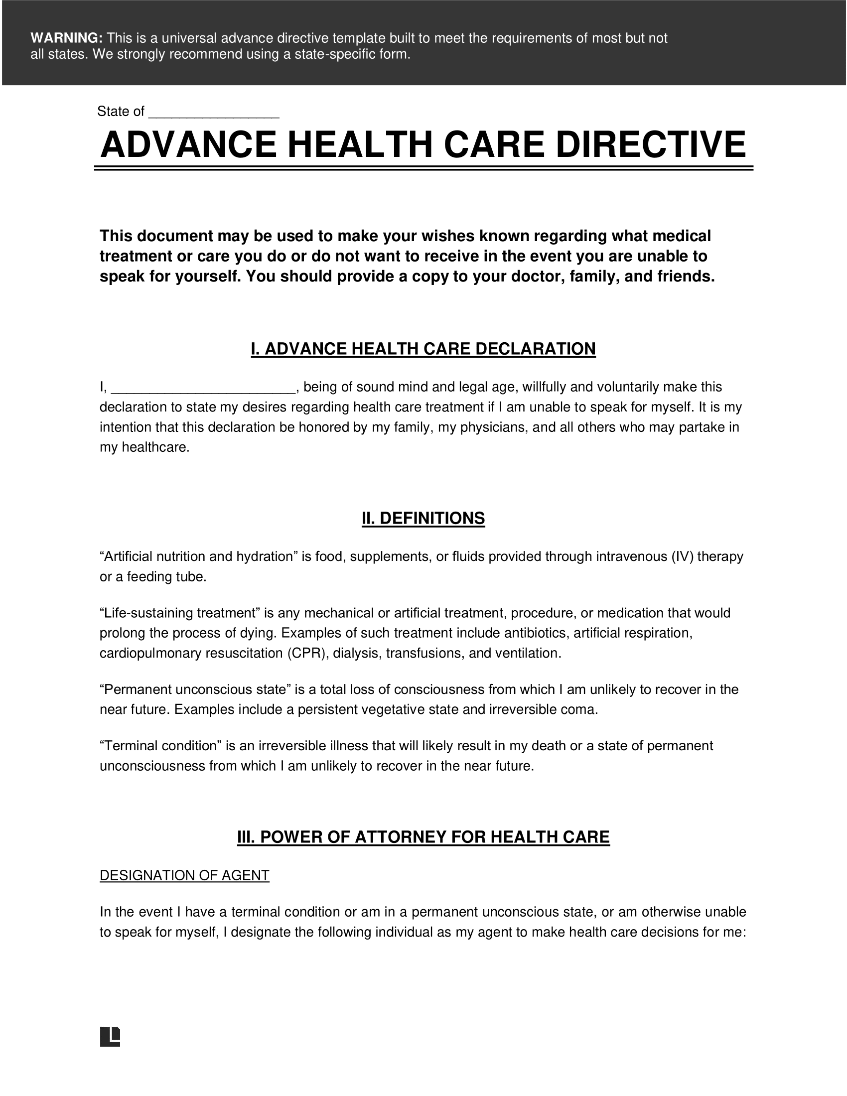 Free Advance Directive Form (Living Will &amp; MPOA) | PDF &amp; Word