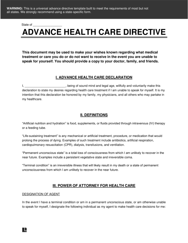 Free Advance Directive Form (Living Will & MPOA) | PDF & Word