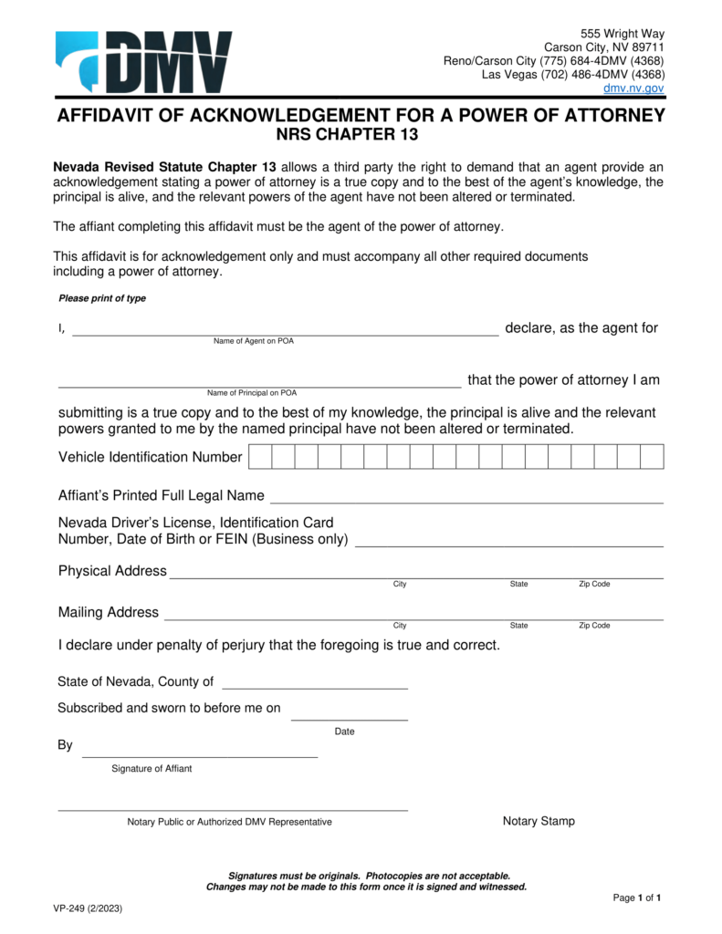 Free Nevada Motor Vehicle Power of Attorney | Form VP136 | PDF Download