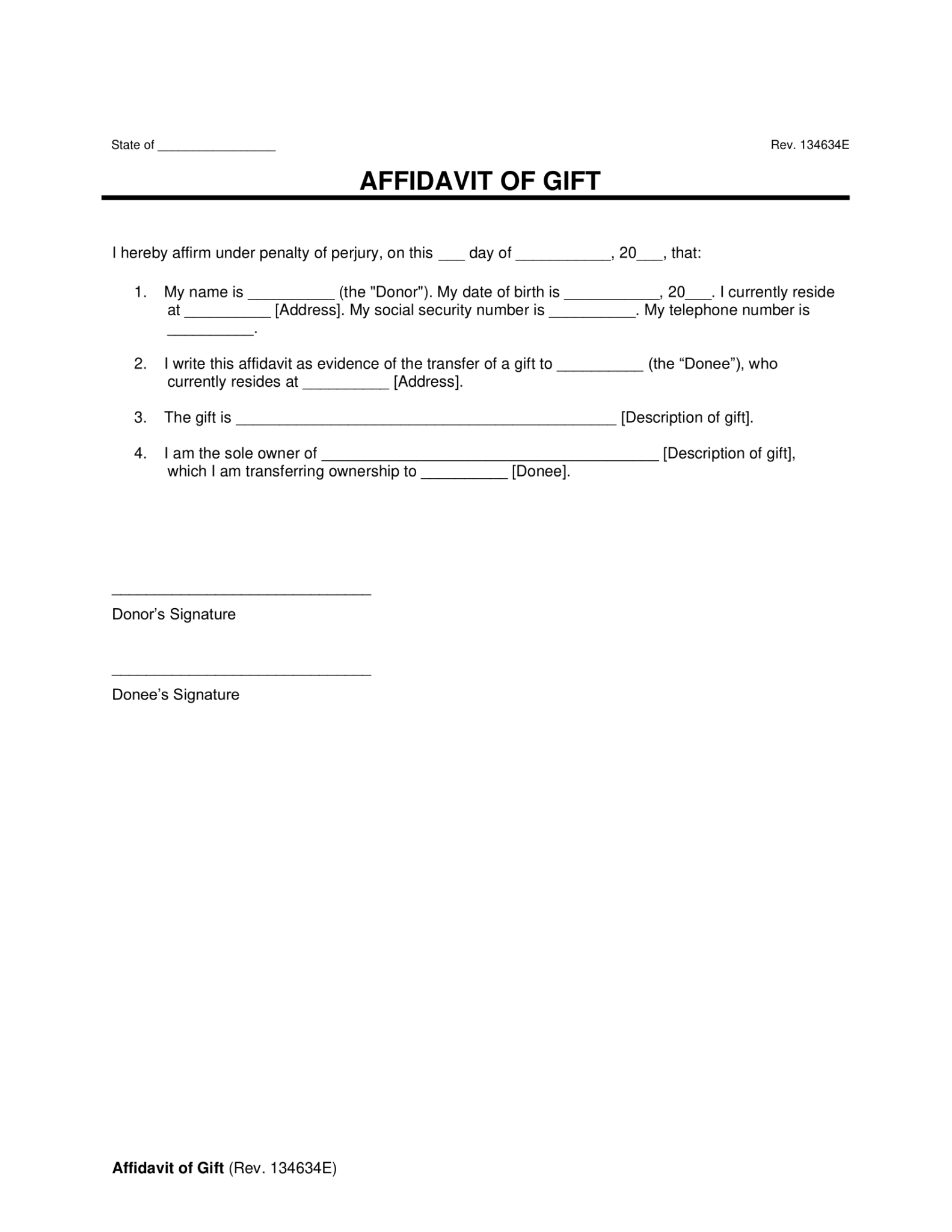 Free Gift Affidavit Form | PDF & Word