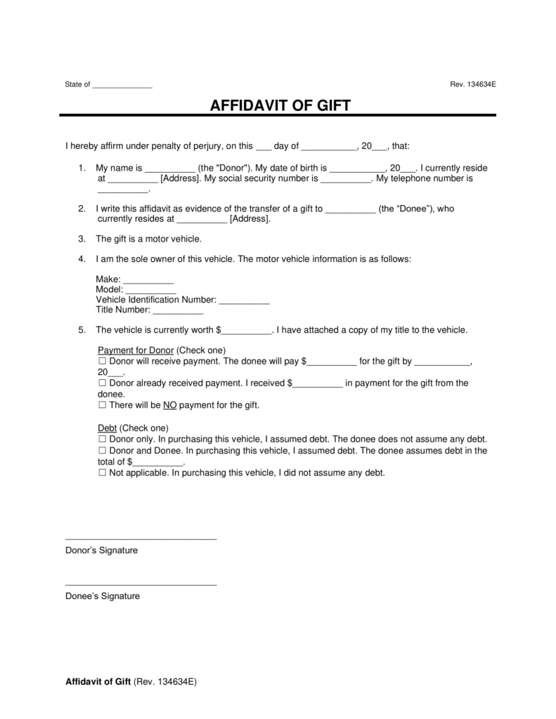 Affidavit of Gift for a Motor Vehicle