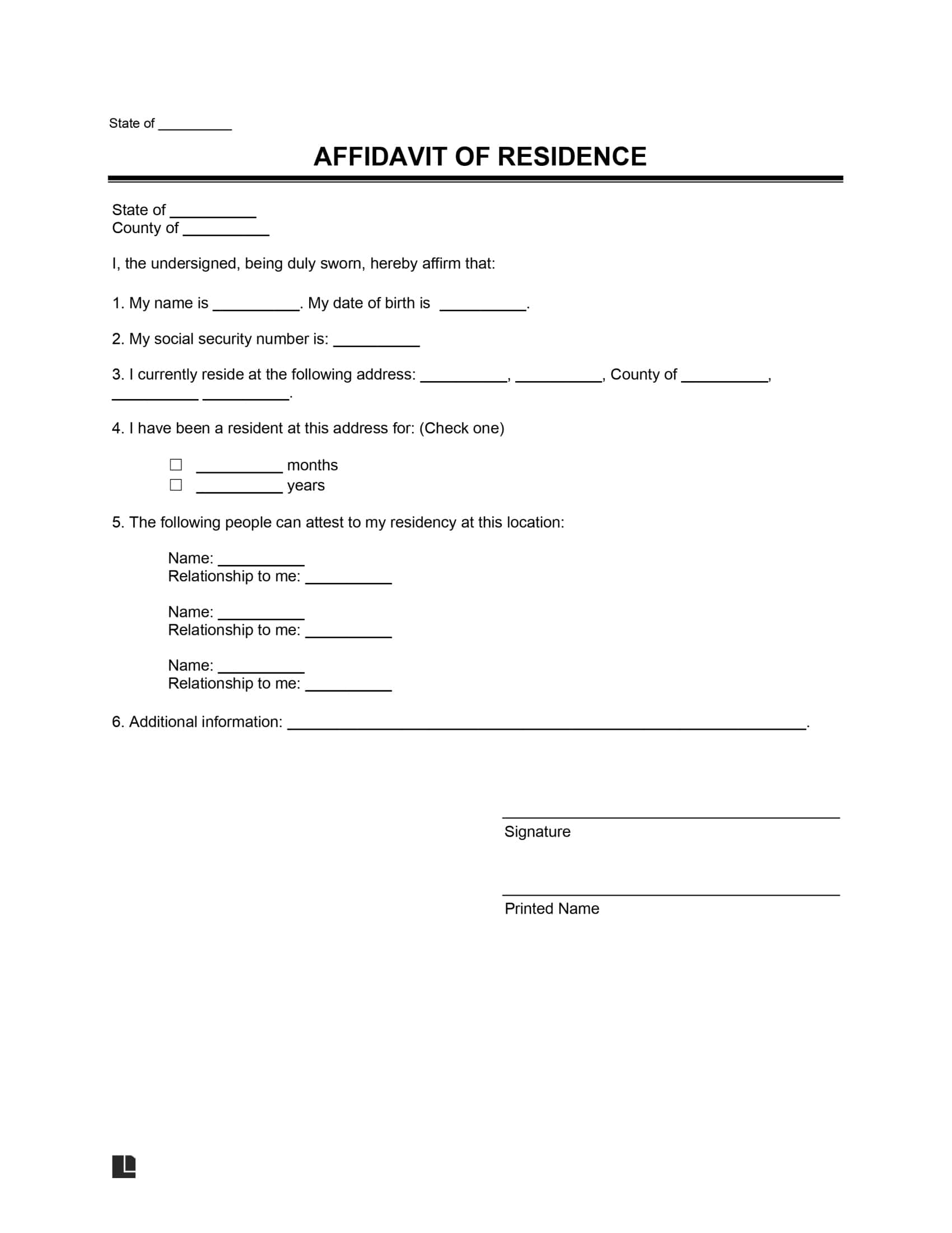 Affidavit of Residence Template