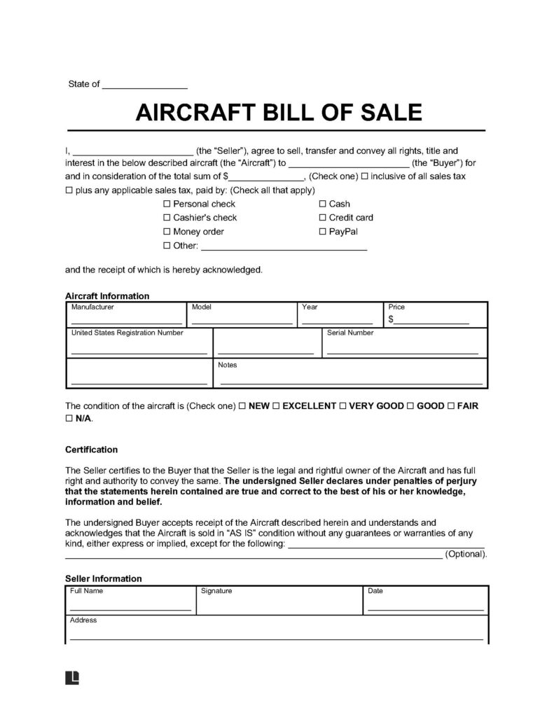 aircraft bill of sale