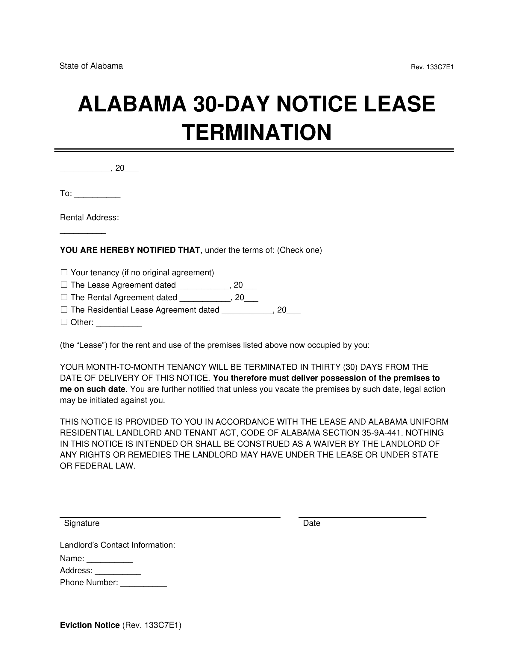 Alabama 30-Day Notice Lease Termination