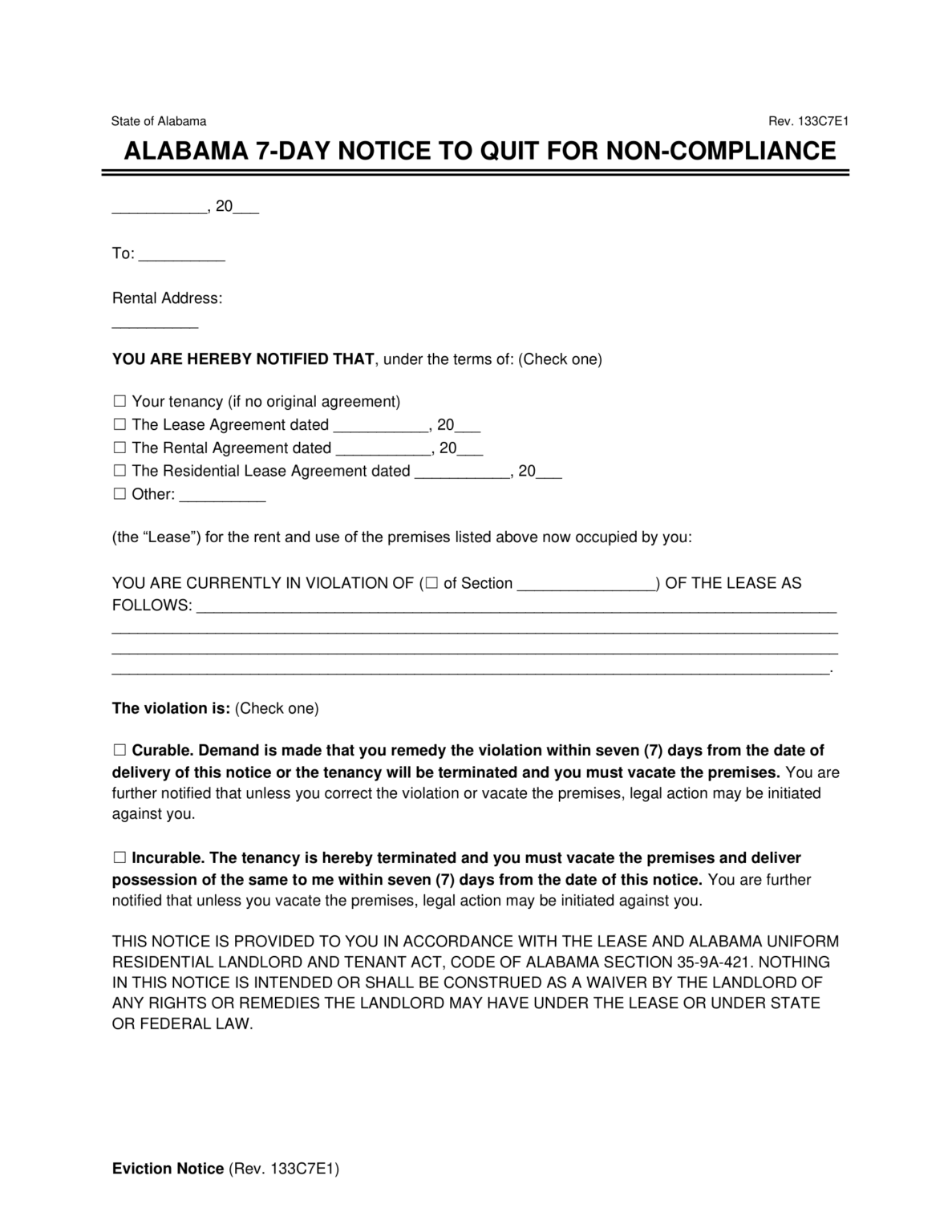 Free Alabama 7-Day Notice to Quit | Non-Compliance | PDF &amp; Word