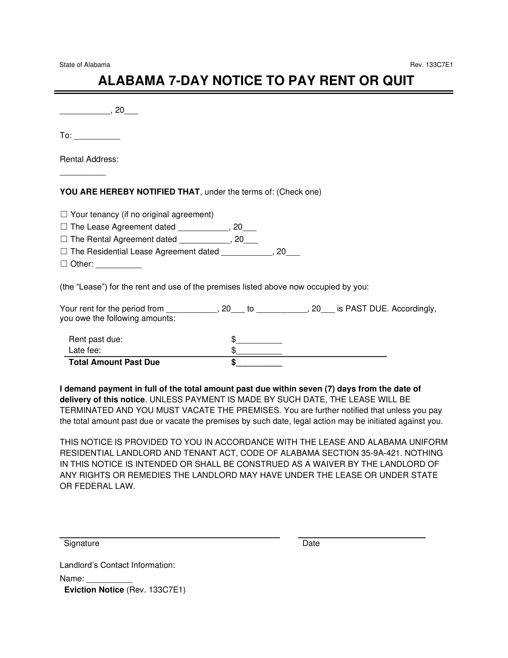Alabama 7-Day Notice to Quit for Non-Payment of Rent