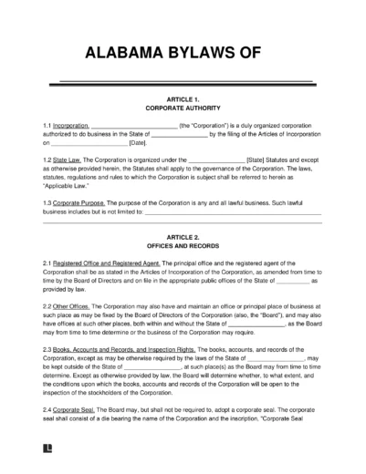 Alabama Corporate Bylaws Template