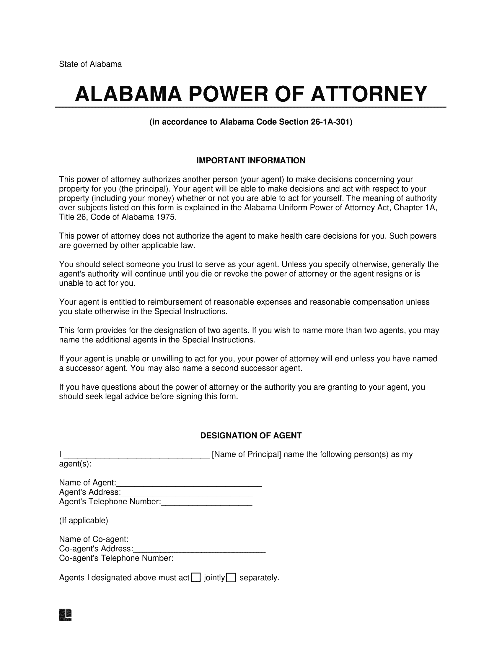 Alabama Durable Statutory Power of Attorney Form