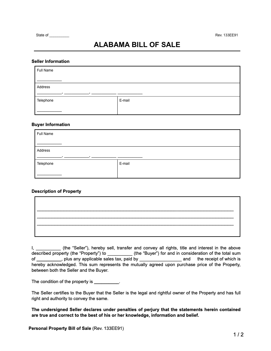 Free Alabama Bill Of Sale Forms PDF Word