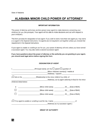Alabama Minor Child Power of Attorney Form