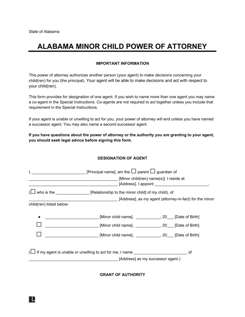 Free Alabama Minor (Child) Power of Attorney Form PDF & Word