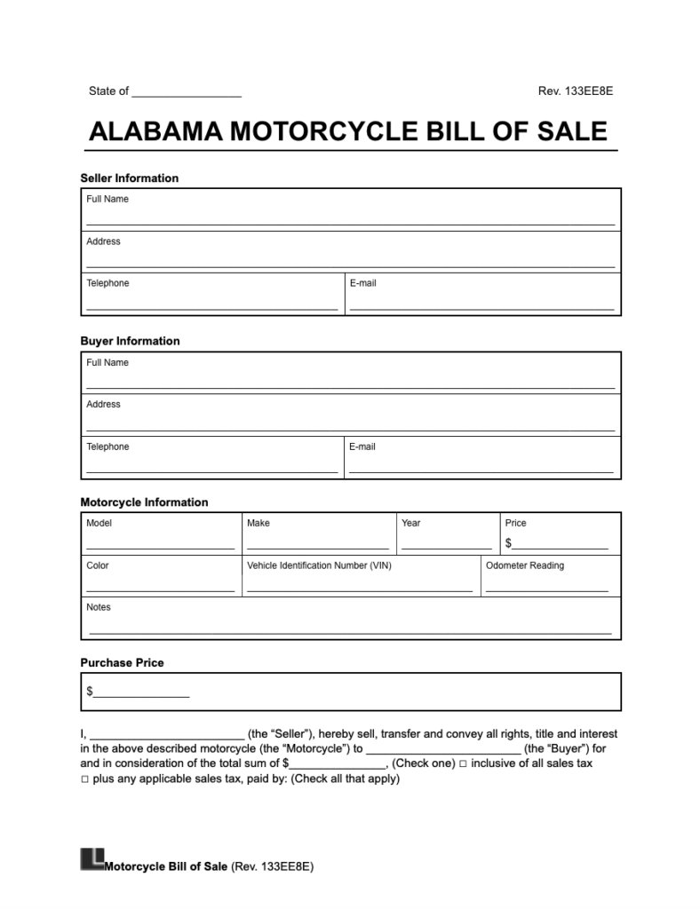 Alabama Motorcycle Bill of Sale Template Legal Templates