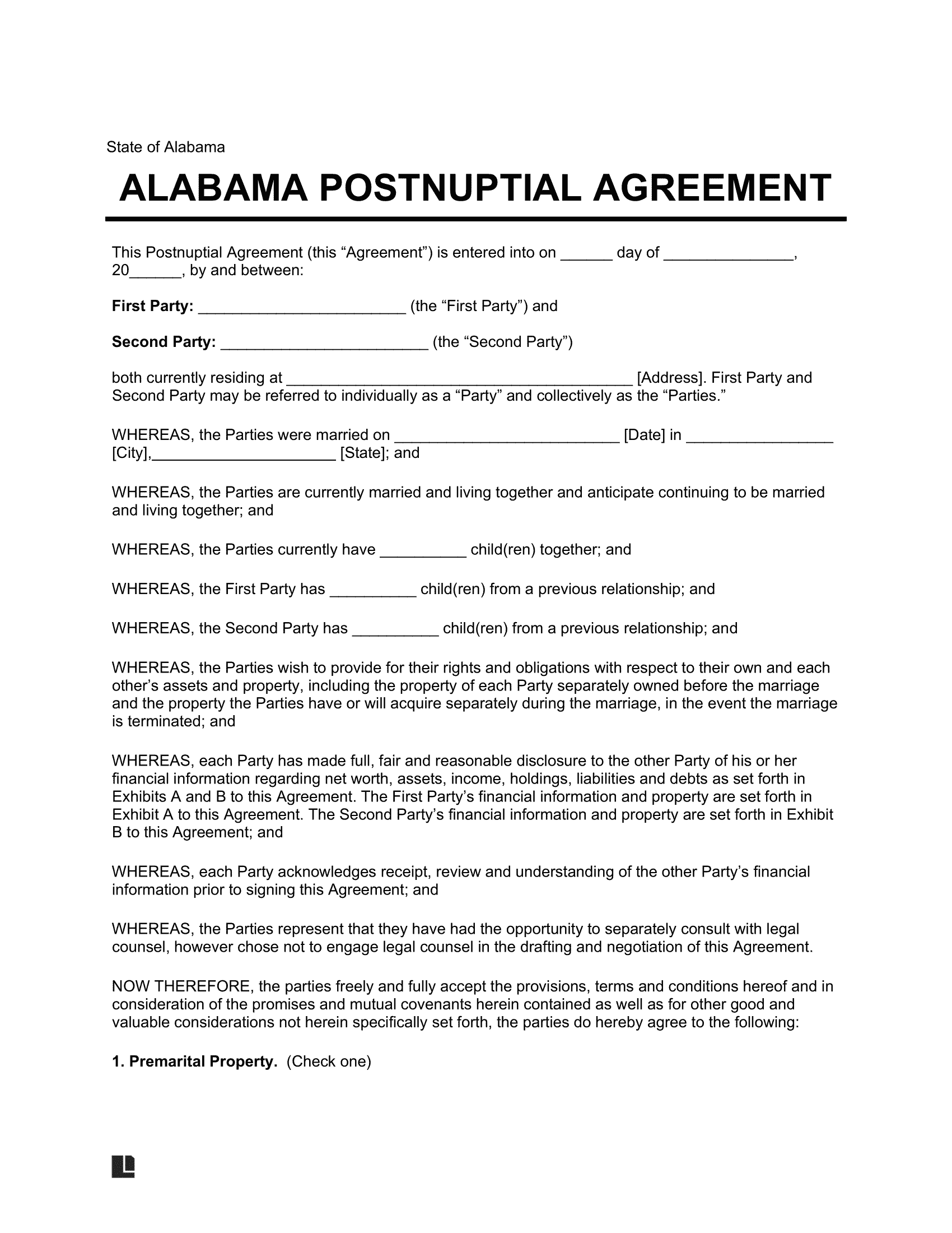 Alabama Postnuptial Agreement Template