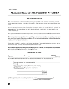 Alabama Real Estate Power of Attorney Form