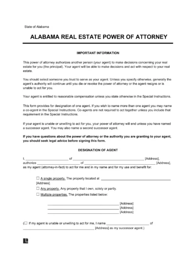 Alabama Real Estate Power of Attorney Form