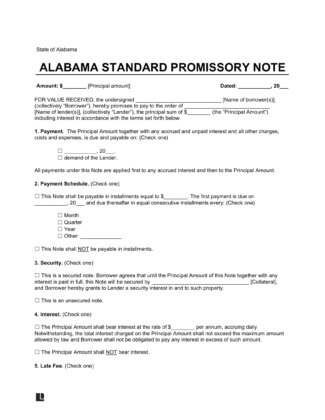 Alabama Standard Promissory Note Template