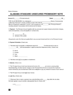 Alabama Standard Unsecured Promissory Note Template