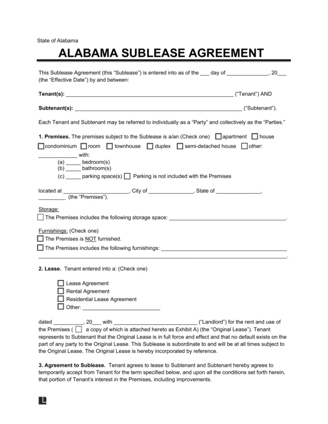 Alabama Sublease Agreement Template