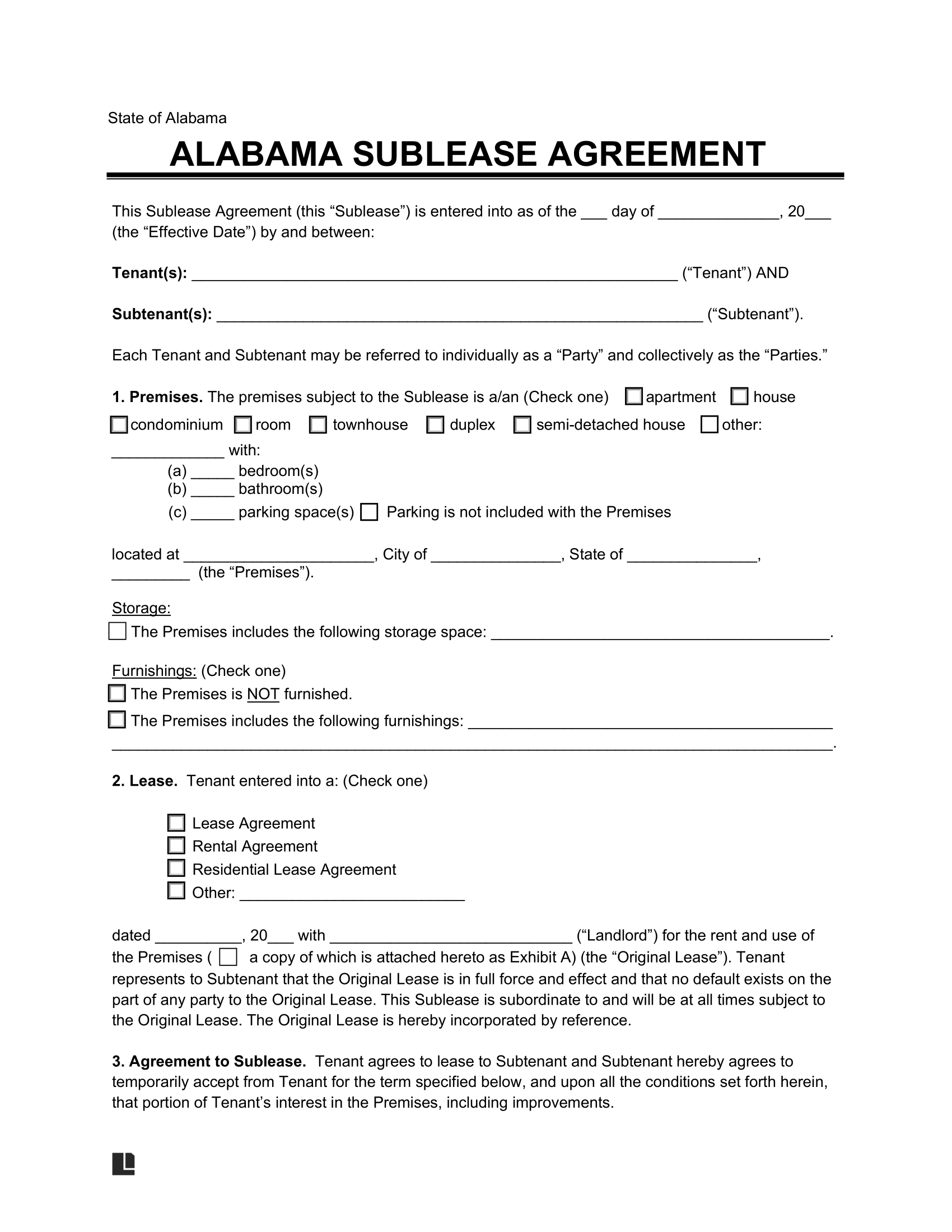 Alabama Sublease Agreement Template