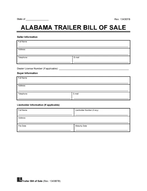 Alabama Trailer Bill of Sale Template