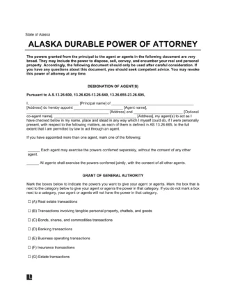 Alaska Durable Statutory Power of Attorney Form