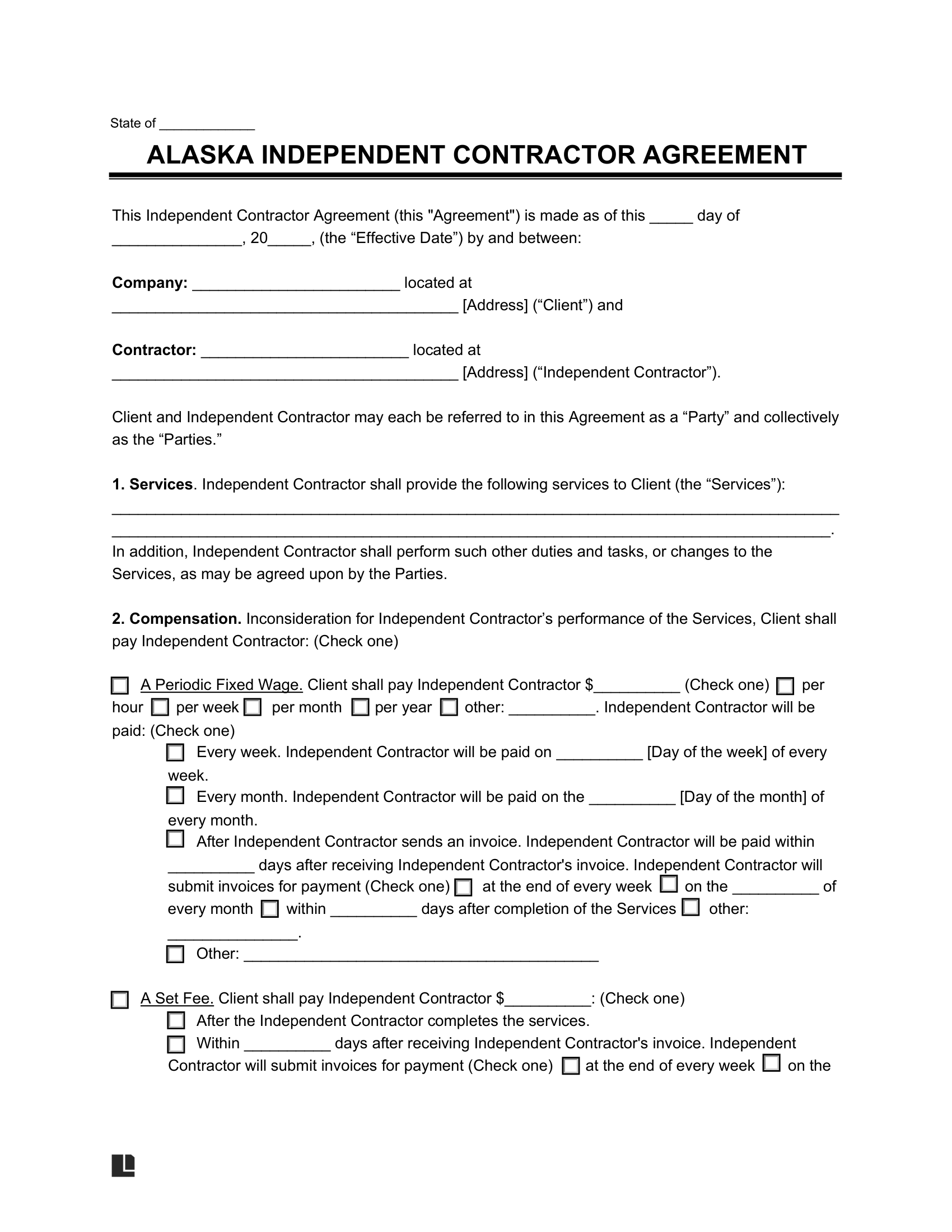 Alaska Independent Contractor Agreement Sample