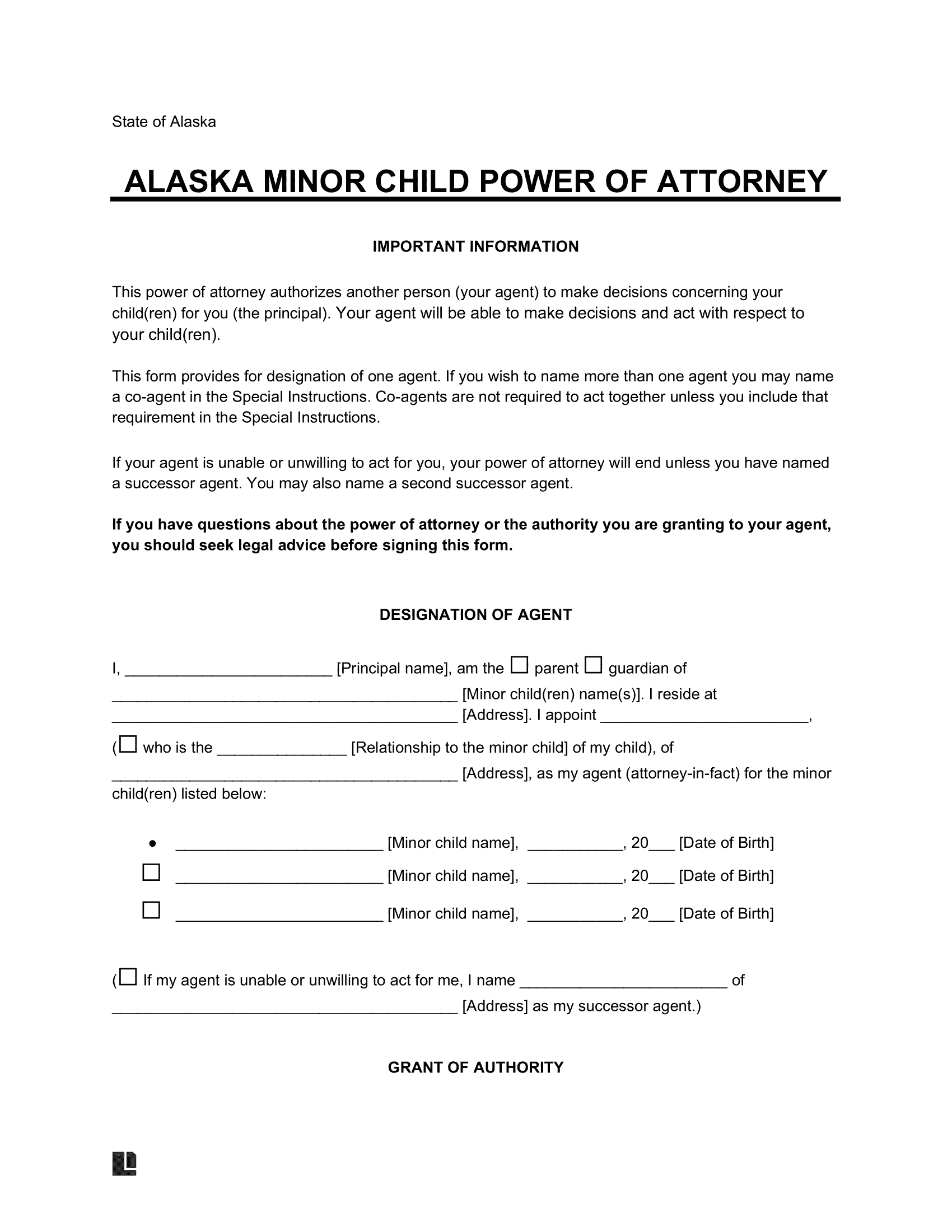 Alaska Minor Child Power of Attorney Form