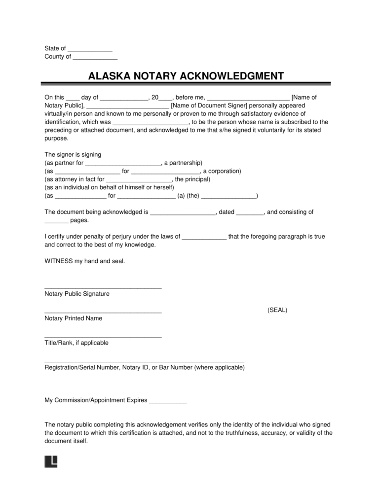 Free Alaska Notary Acknowledgment Form PDF & Word