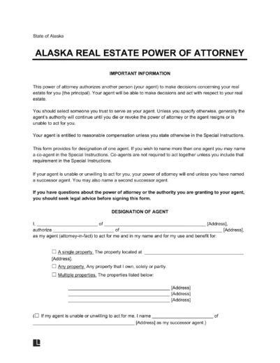 Alaska Real Estate Power of Attorney Form
