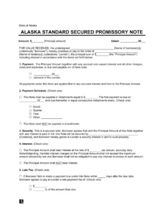 Alaska Standard Secured Promissory Note Template