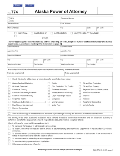Alaska Tax Power of Attorney Form POA 774