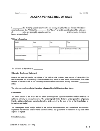 Alaska vehicle bill of sale
