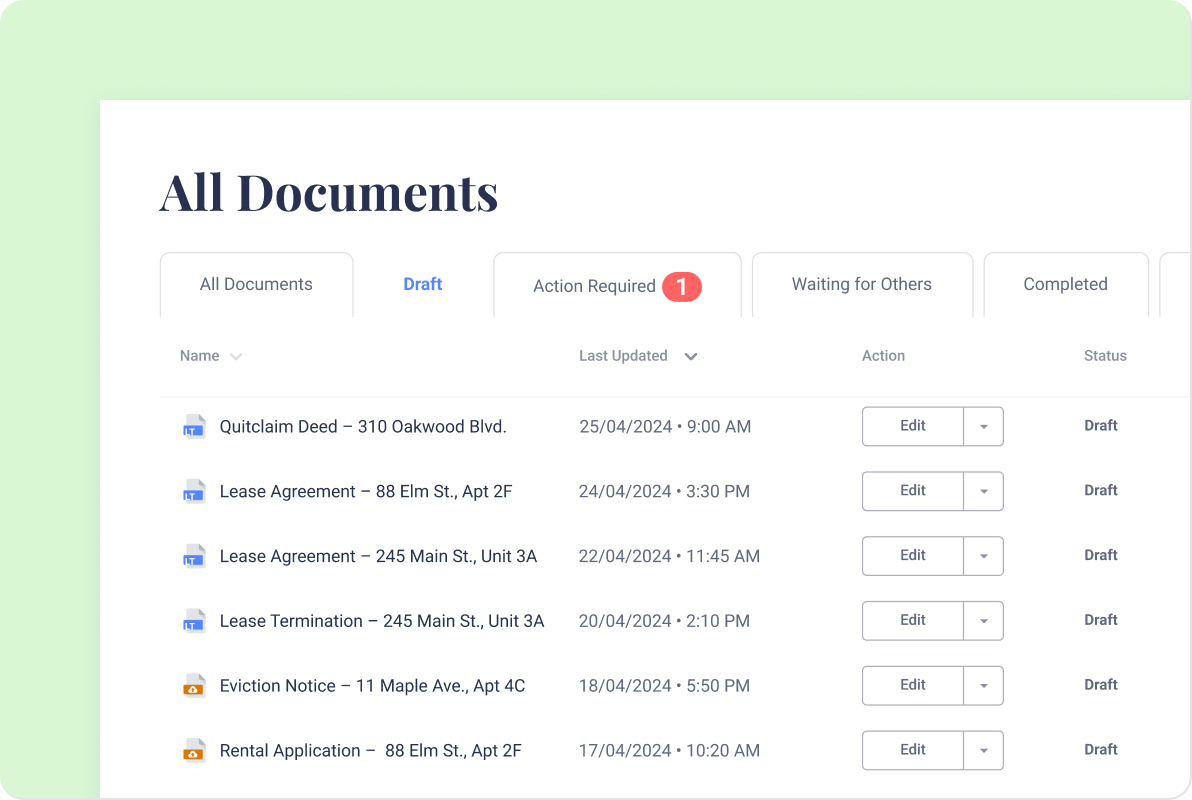 dashboard image containing various legal documents
