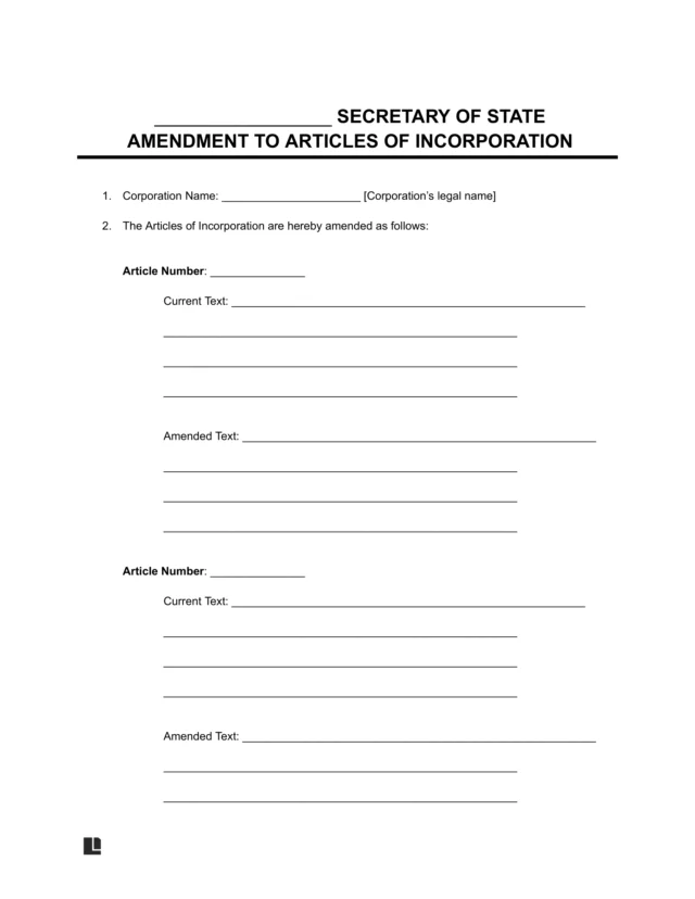 amendment to articles of incorporation form
