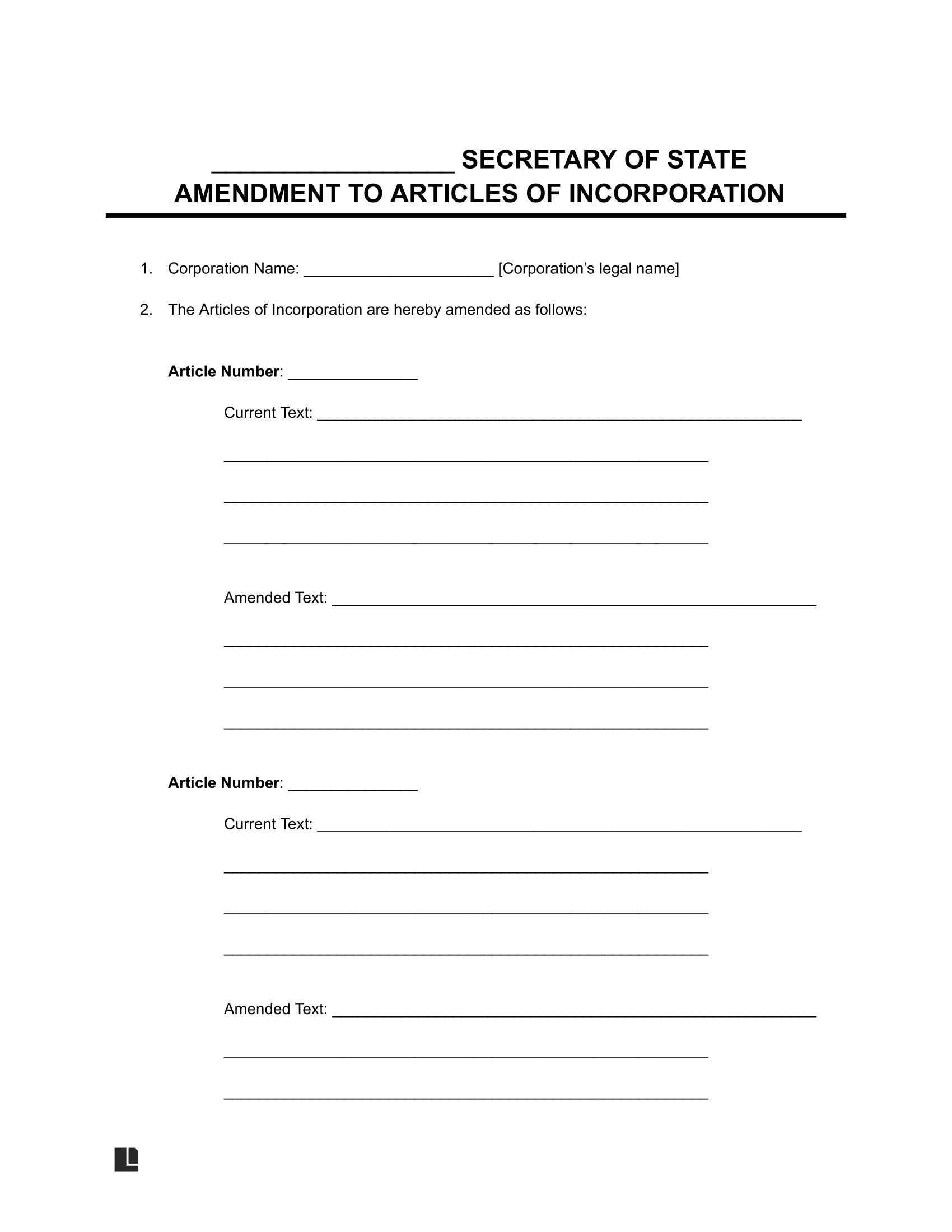 amendment to articles of incorporation form