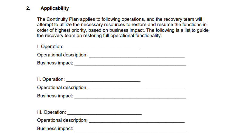 Applicability business continuity plan template