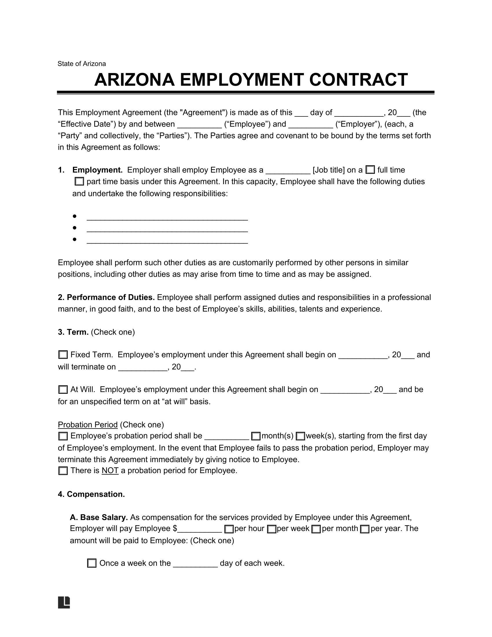 arizona employment contract template