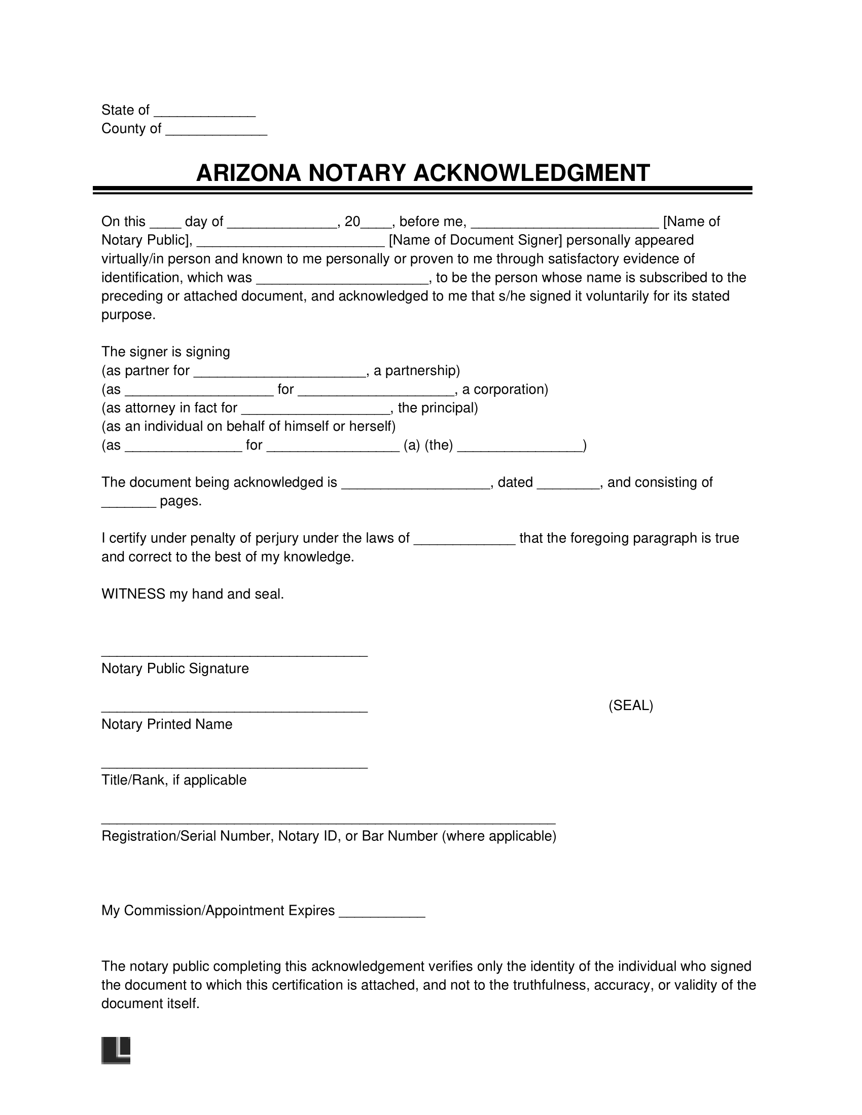 Free Arizona Notary Acknowledgment Form PDF Word