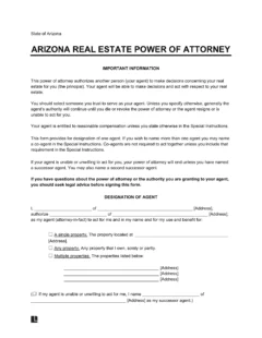 Arizona Real Estate Power of Attorney Form